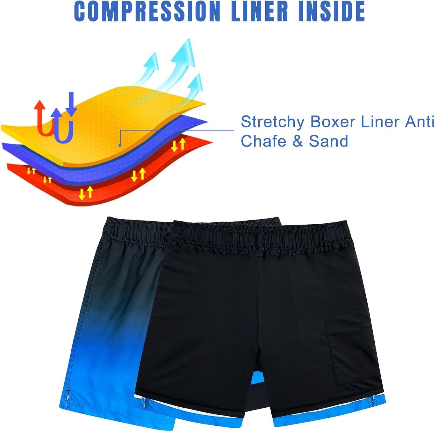 Mens Swim Trunks Compression Liner Quick Dry Swimsuit Swim Shorts Phone Pocket - Picture 82 of 147