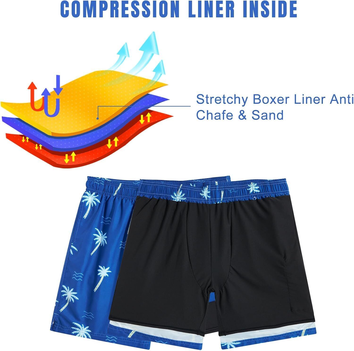 Mens Swim Trunks Compression Liner Quick Dry Swimsuit Swim Shorts Phone Pocket - Picture 88 of 147