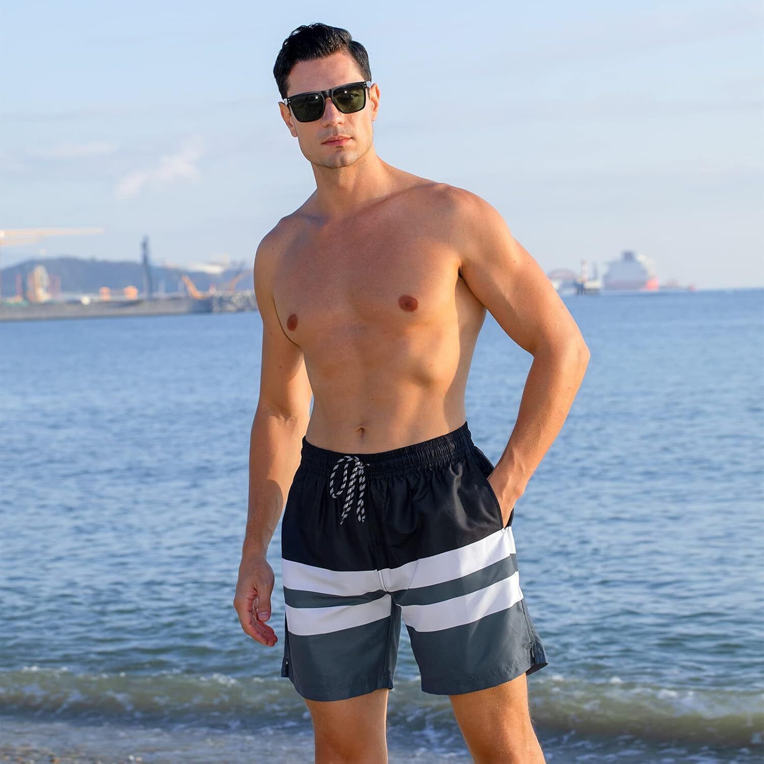 Mens Swim Trunks Compression Liner Quick Dry Swimsuit Swim Shorts Phone Pocket - Picture 91 of 147