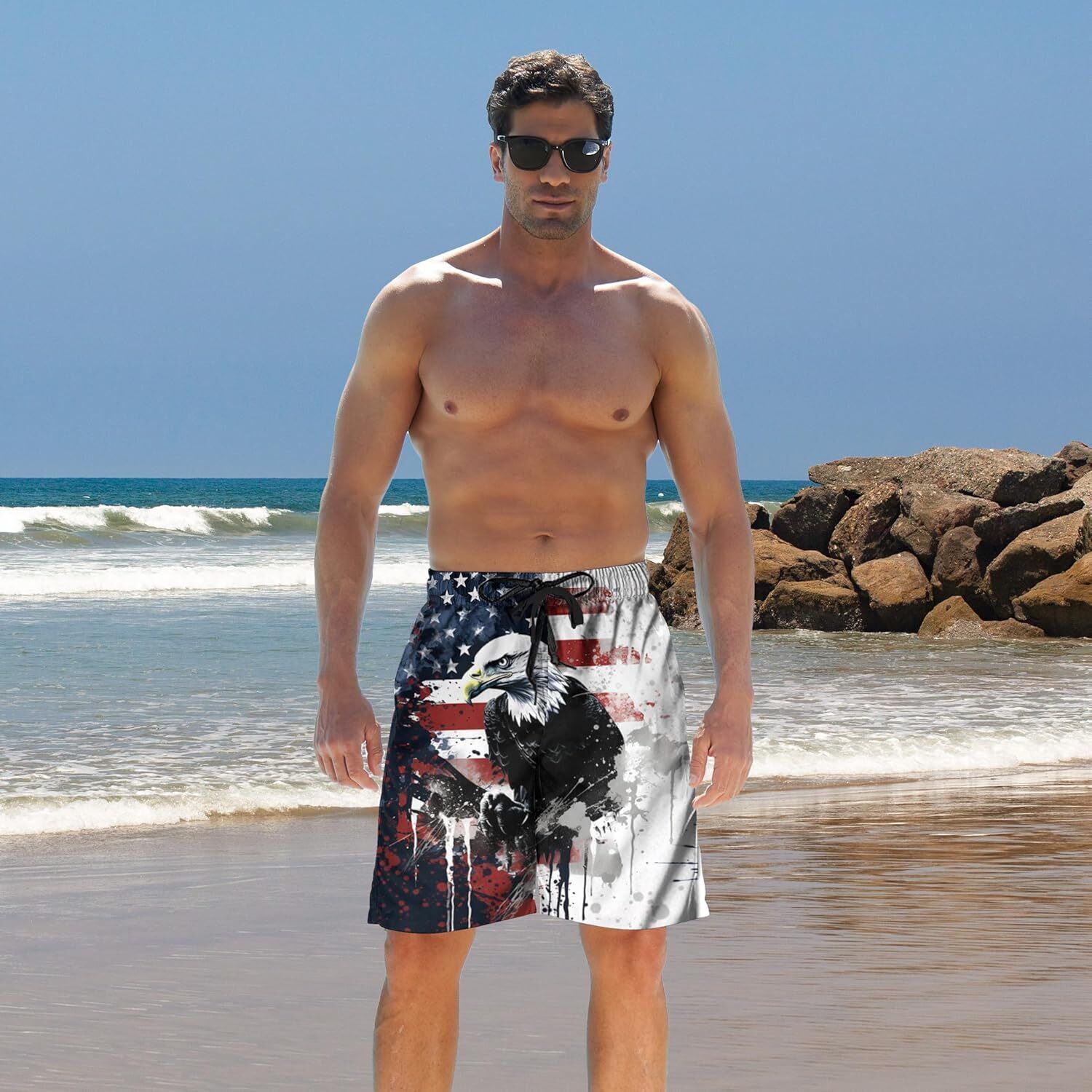 Men's Quick Dry 3D Printed Board Shorts – Pockets Cool Mesh Lined Swim Trunks - Picture 62 of 81