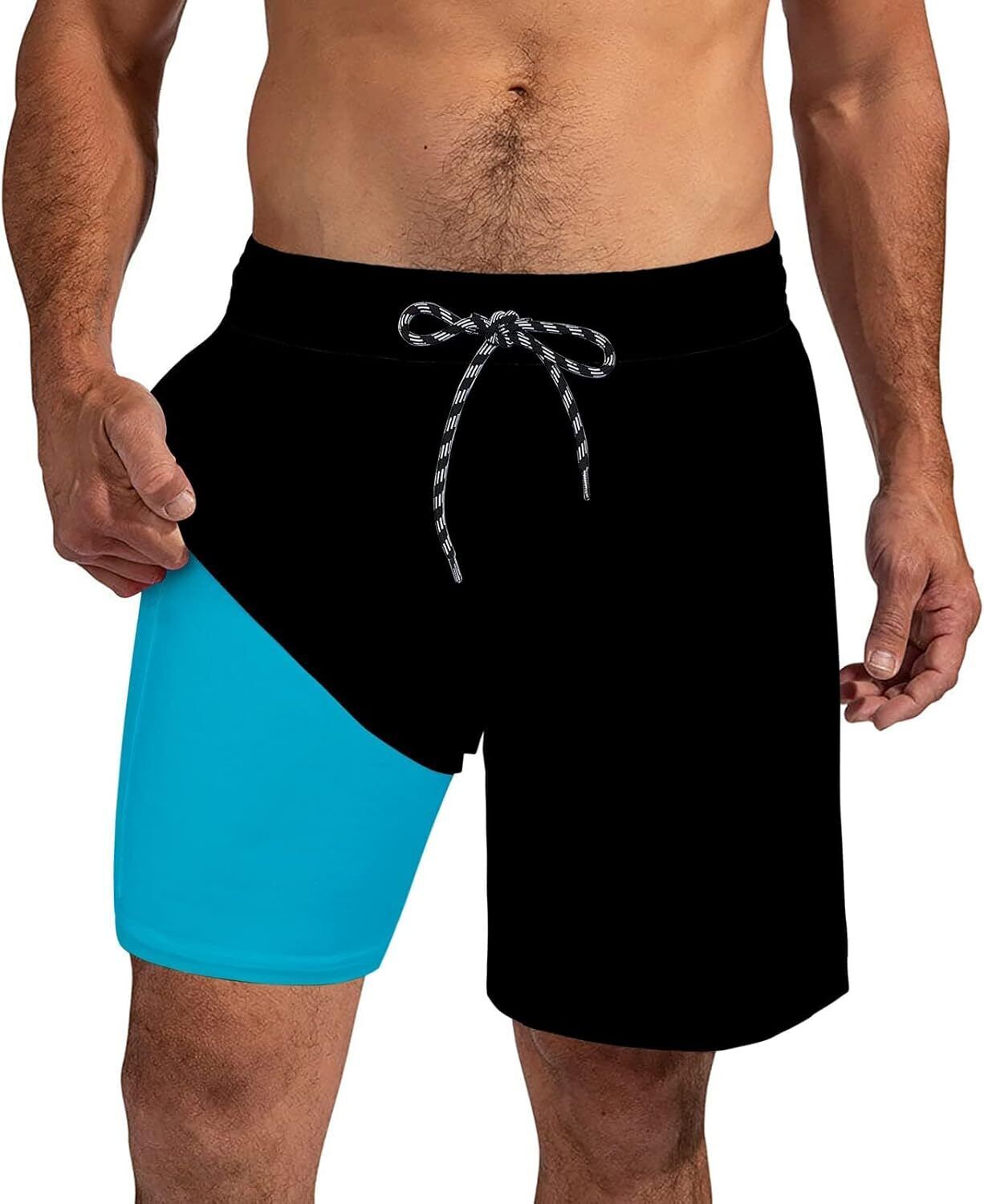 Mens Swim Trunks Compression Liner Quick Dry Swimsuit Swim Shorts Phone Pocket - Picture 107 of 147