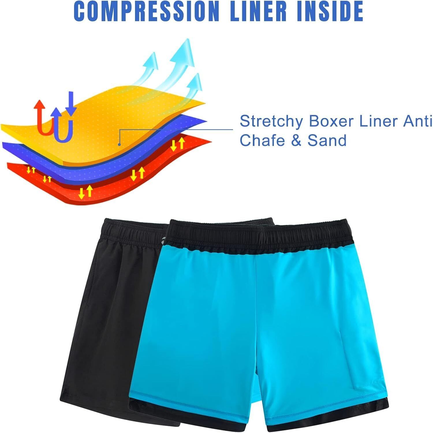 Mens Swim Trunks Compression Liner Quick Dry Swimsuit Swim Shorts Phone Pocket - Picture 111 of 147