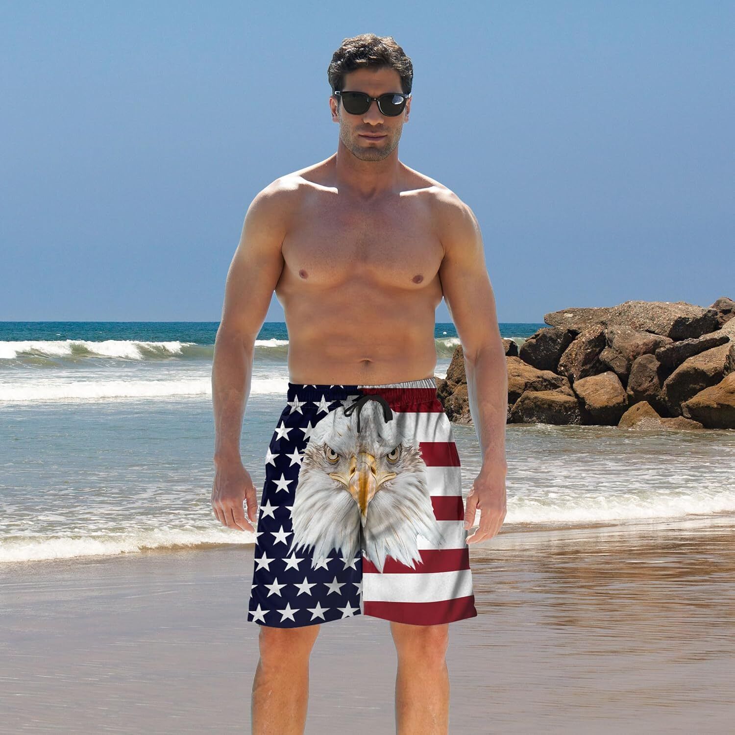 Men's Quick Dry 3D Printed Board Shorts – Pockets Cool Mesh Lined Swim Trunks - Picture 80 of 81