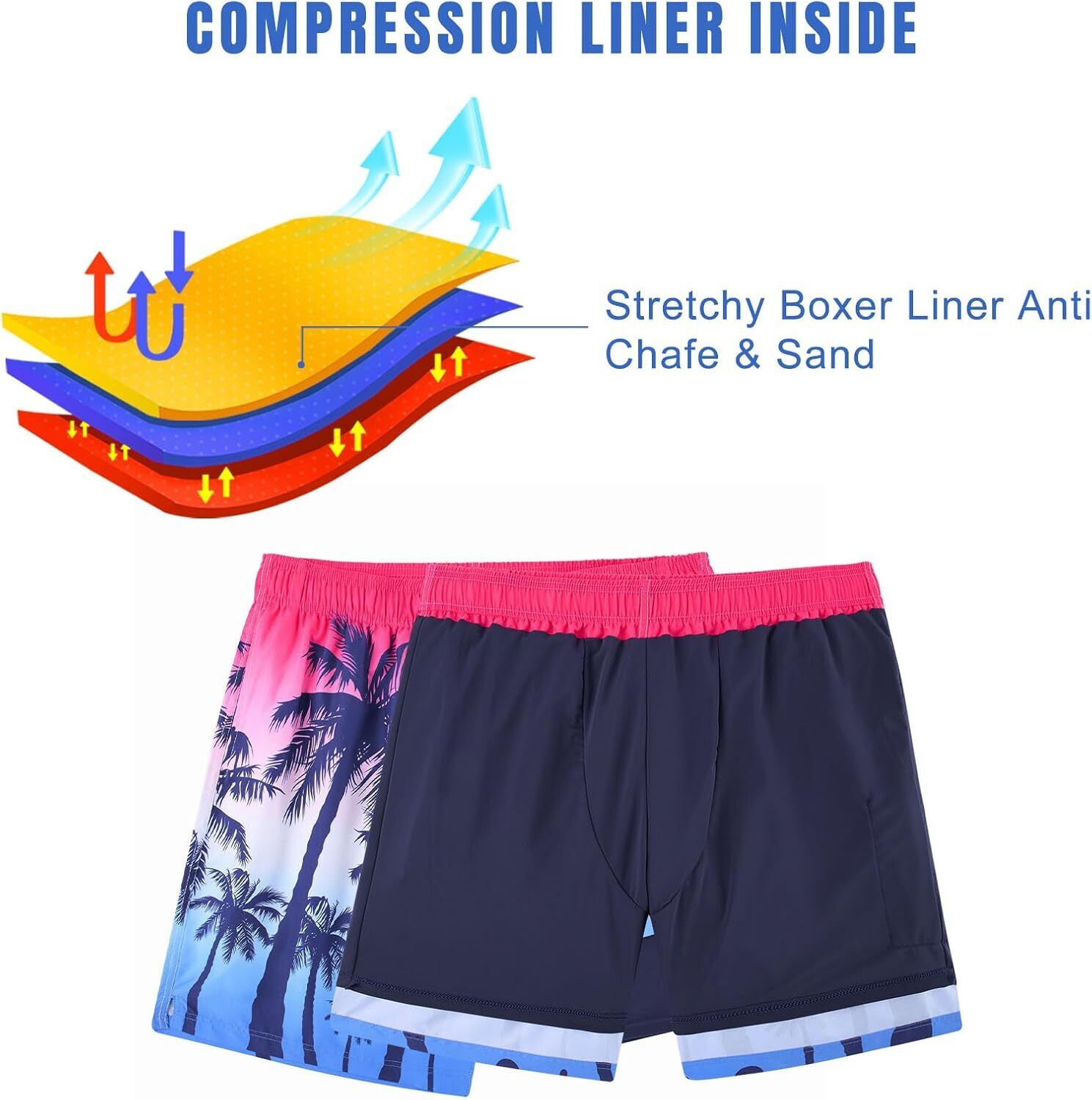 Mens Swim Trunks Compression Liner Quick Dry Swimsuit Swim Shorts Phone Pocket - Picture 115 of 147