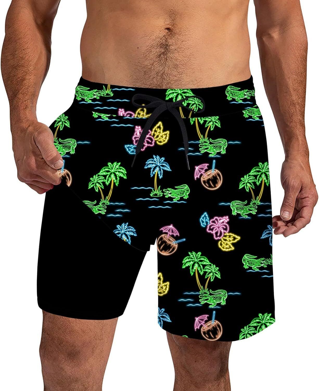 Mens Swim Trunks Compression Liner Quick Dry Swimsuit Swim Shorts Phone Pocket - Picture 132 of 147