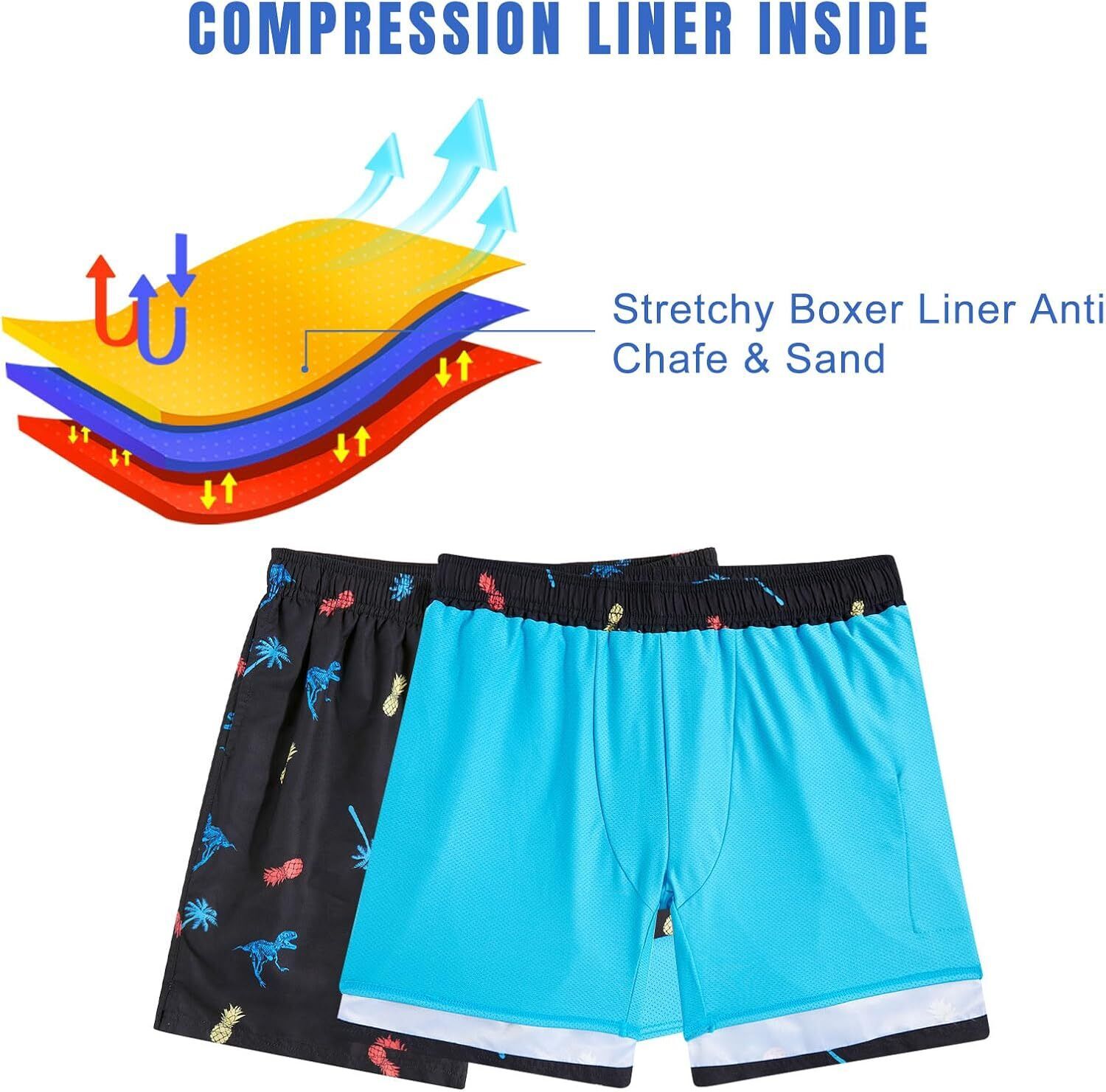 Mens Swim Trunks Compression Liner Quick Dry Swimsuit Swim Shorts Phone Pocket - Picture 137 of 147