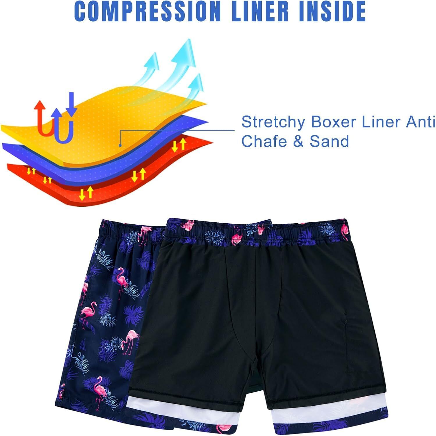 Mens Swim Trunks Compression Liner Quick Dry Swimsuit Swim Shorts Phone Pocket - Picture 141 of 147