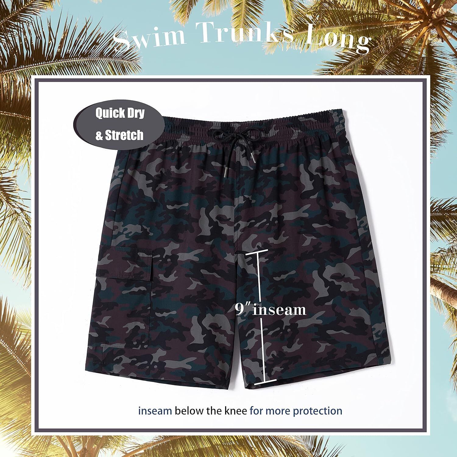 Men's 9" Quick Dry Board Shorts – Compression Liner Cargo Pocket Swim Trunks - Picture 186 of 201