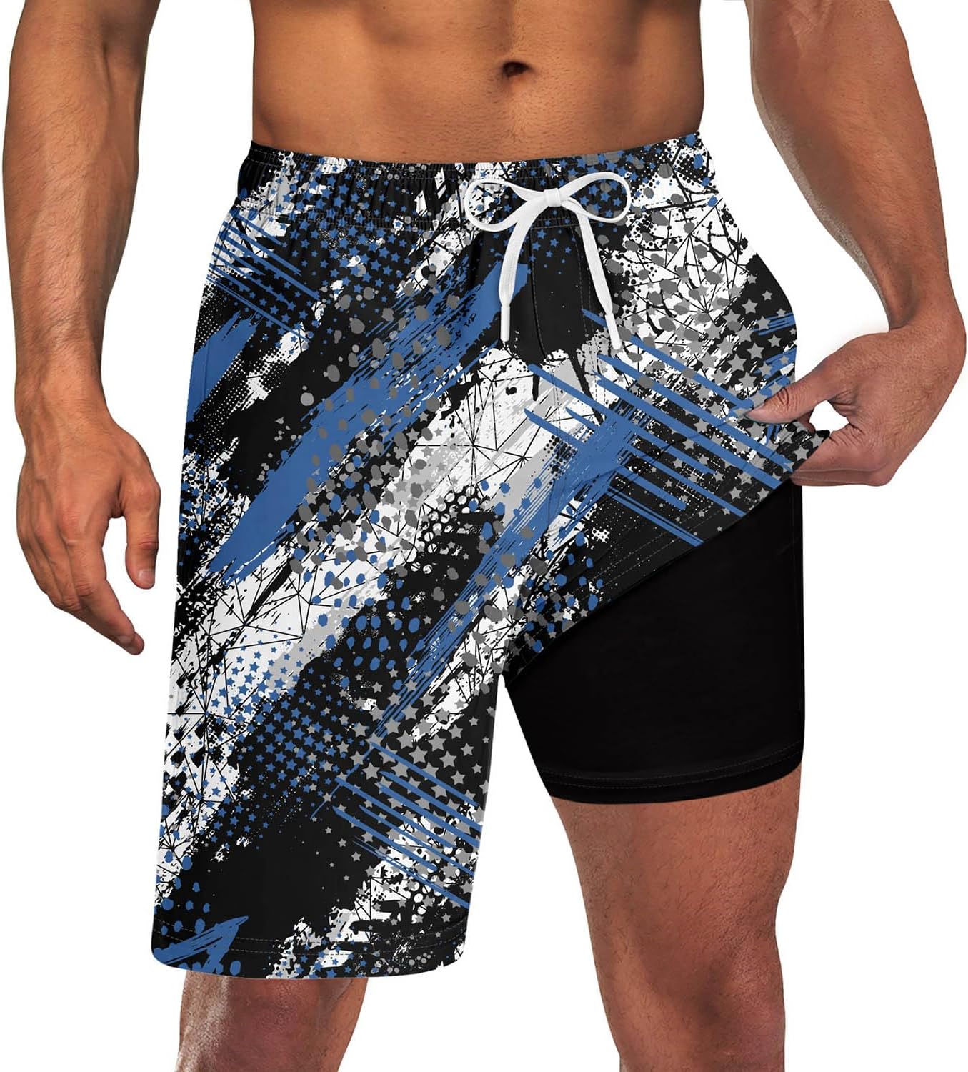 Herren 2 in 1 schnelltrocknende Stretch Badehose mit Kompressionsfutter und 3 Taschen - Bild 13 von 32