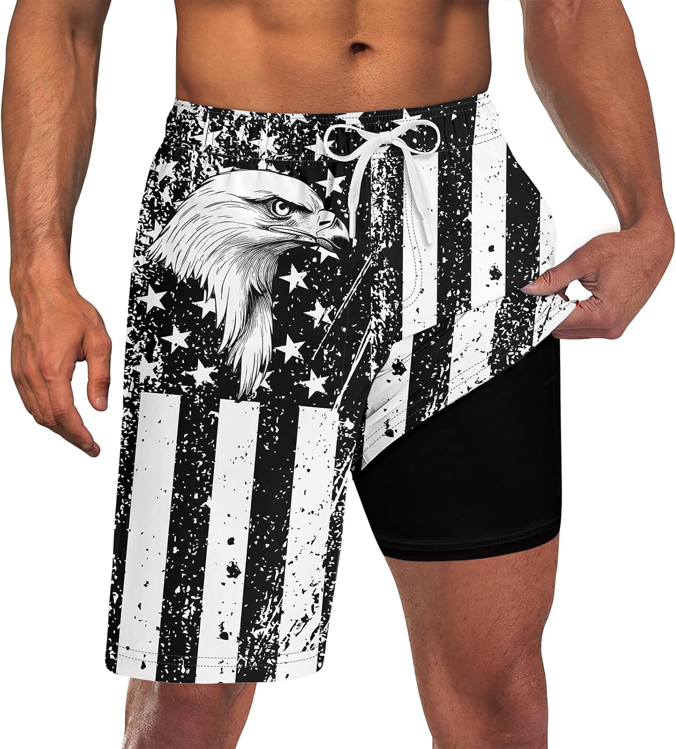 Herren 2 in 1 schnelltrocknende Stretch Badehose mit Kompressionsfutter und 3 Taschen - Bild 14 von 32