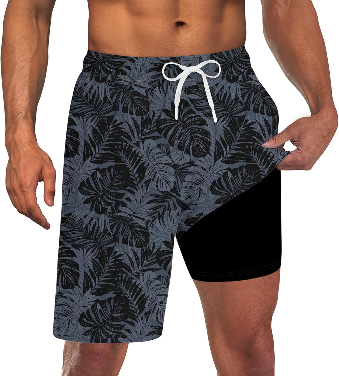 Herren 2 in 1 schnelltrocknende Stretch Badehose mit Kompressionsfutter und 3 Taschen - Bild 19 von 32