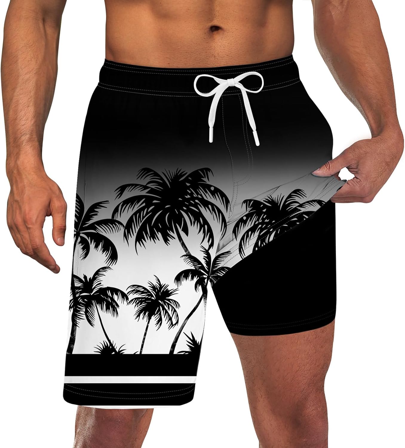 Herren 2 in 1 schnelltrocknende Stretch Badehose mit Kompressionsfutter und 3 Taschen - Bild 21 von 32