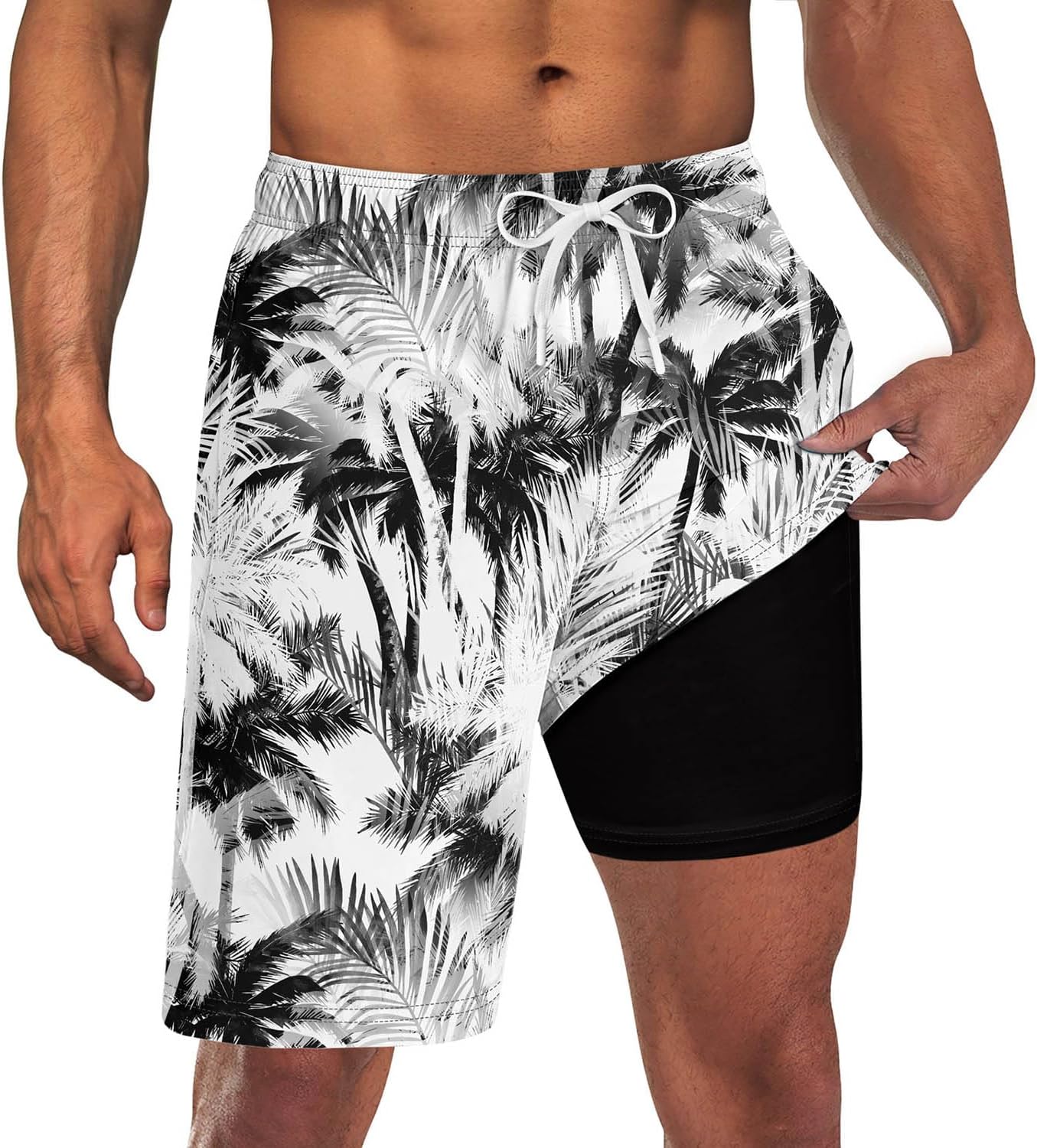 Herren 2 in 1 schnelltrocknende Stretch Badehose mit Kompressionsfutter und 3 Taschen - Bild 26 von 32