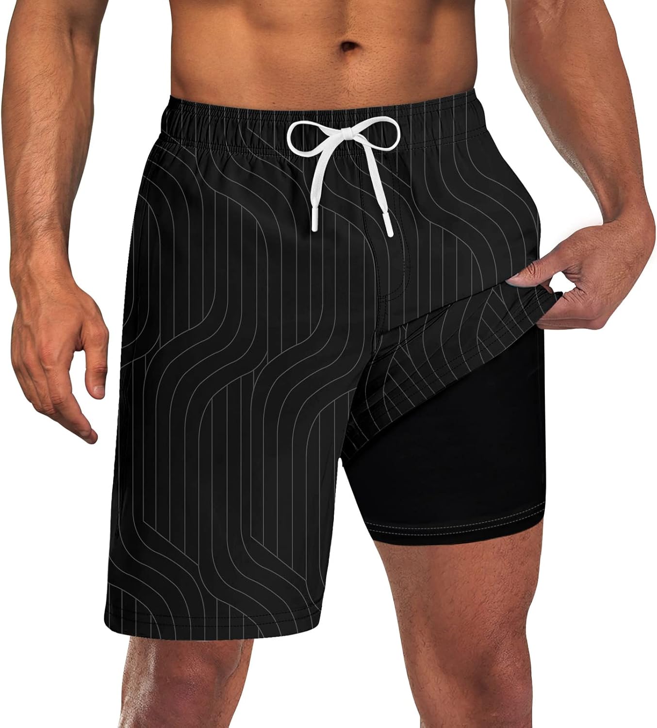 Herren 2 in 1 schnelltrocknende Stretch Badehose mit Kompressionsfutter und 3 Taschen - Bild 31 von 32