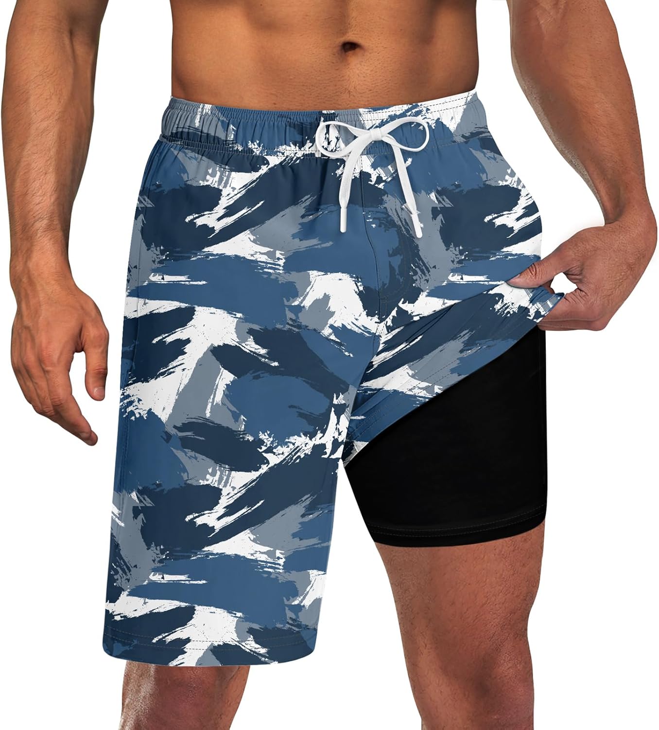 Herren 2 in 1 schnelltrocknende Stretch Badehose mit Kompressionsfutter und 3 Taschen - Bild 32 von 32