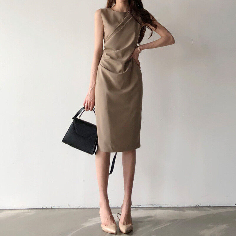 Women Pencil Dress Formal Office Dresses Sleeveless Pleated Slim Fit Work - Picture 12 of 12