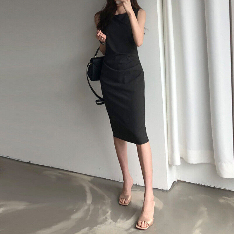 Women Pencil Dress Formal Office Dresses Sleeveless Pleated Slim Fit Work - Picture 11 of 12