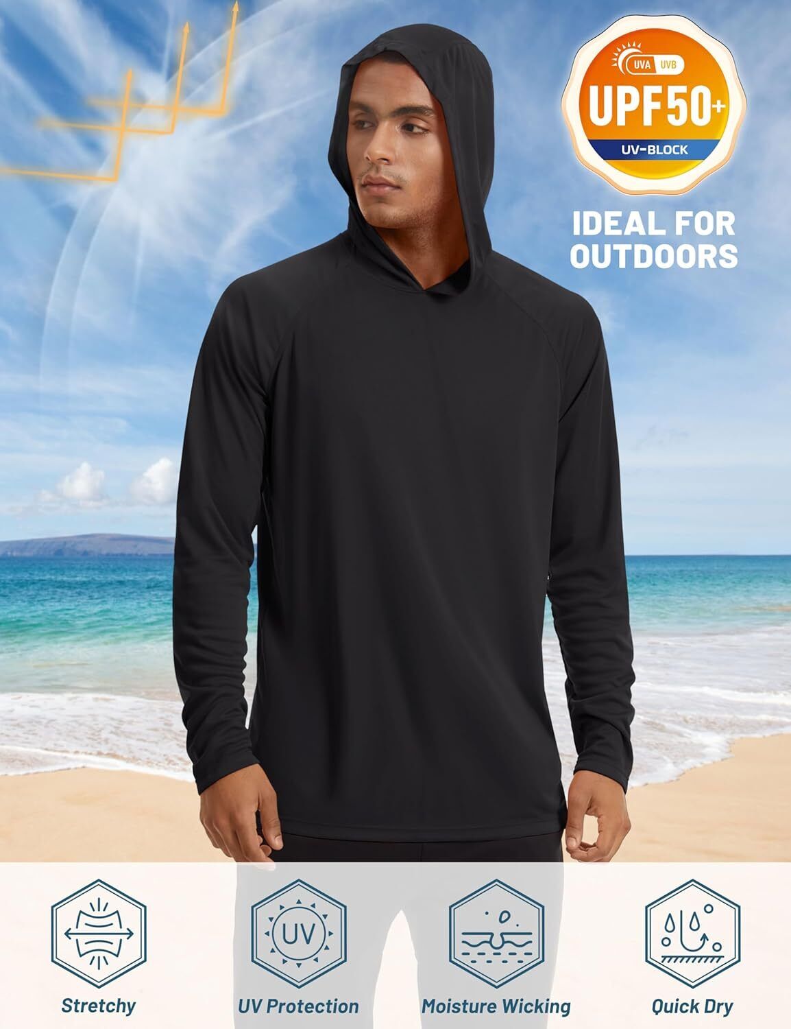Men's UPF 50+ Sun Protection Hoodie – Long Sleeve Rash Guard for Fishing Hiking - Picture 25 of 186