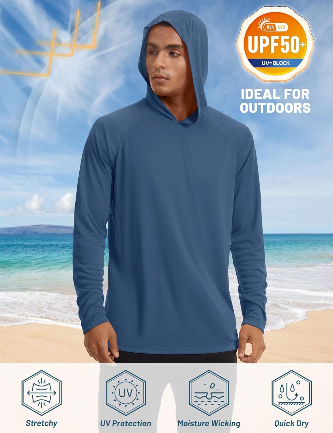 Men's UPF 50+ Sun Protection Hoodie – Long Sleeve Rash Guard for Fishing Hiking - Picture 33 of 186
