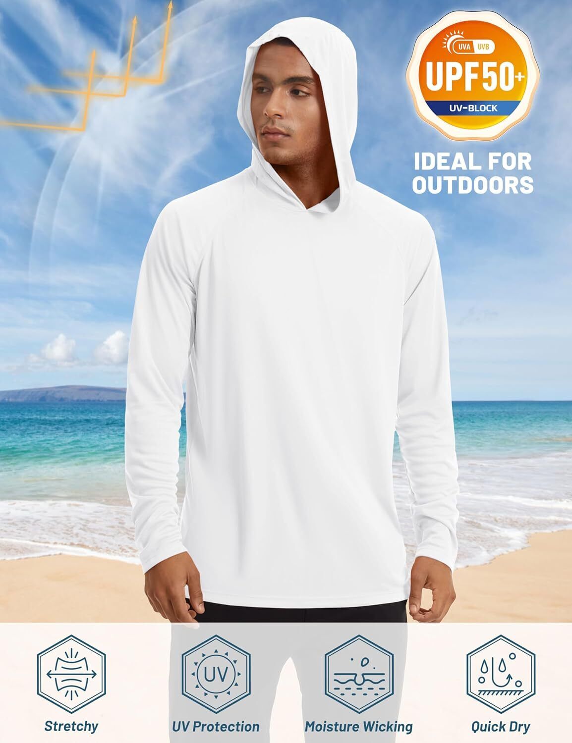 Men's UPF 50+ Sun Protection Hoodie – Long Sleeve Rash Guard for Fishing Hiking - Picture 41 of 186