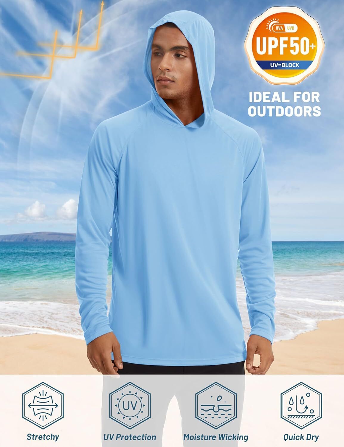 Men's UPF 50+ Sun Protection Hoodie – Long Sleeve Rash Guard for Fishing Hiking - Picture 49 of 186