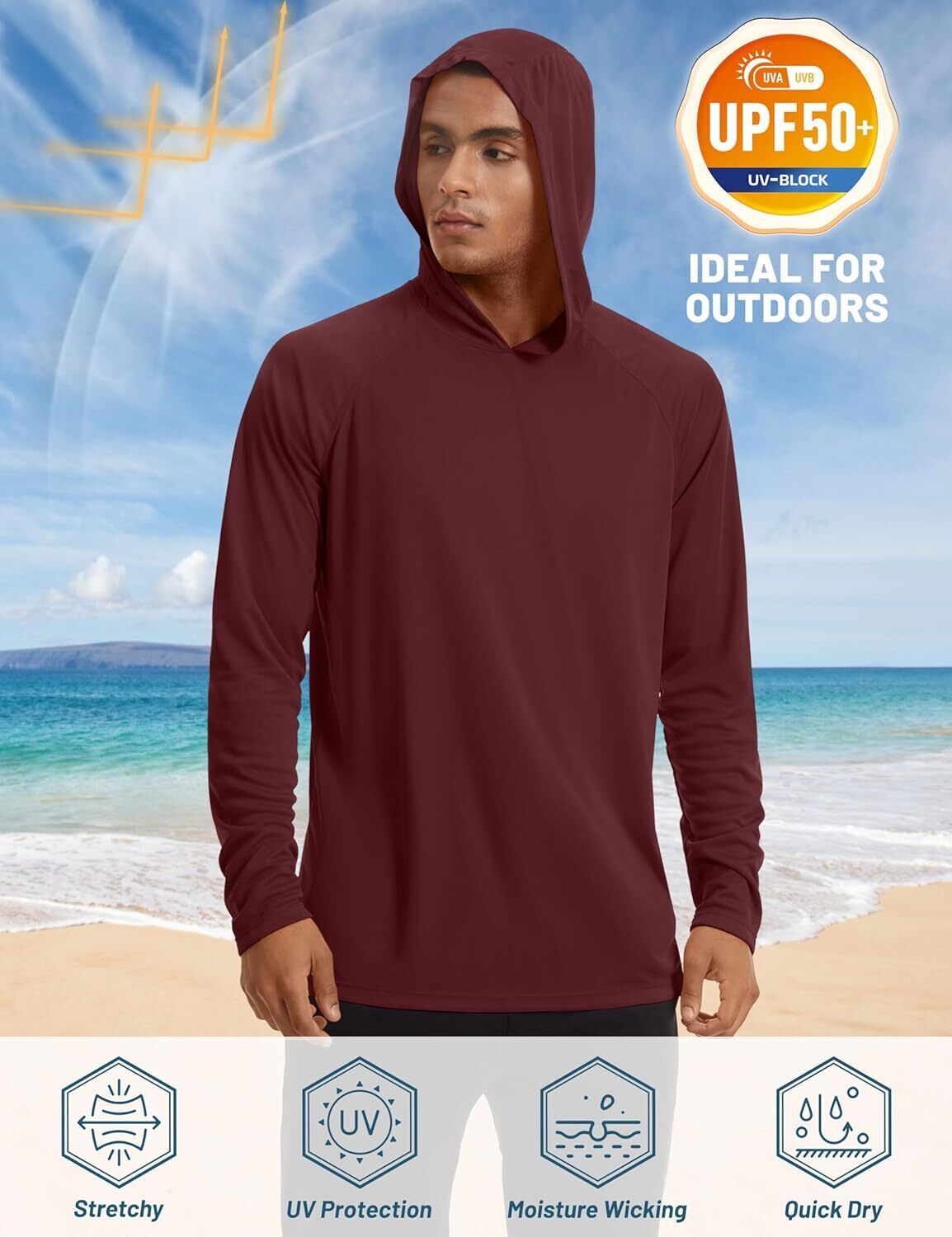 Men's UPF 50+ Sun Protection Hoodie – Long Sleeve Rash Guard for Fishing Hiking - Picture 57 of 186