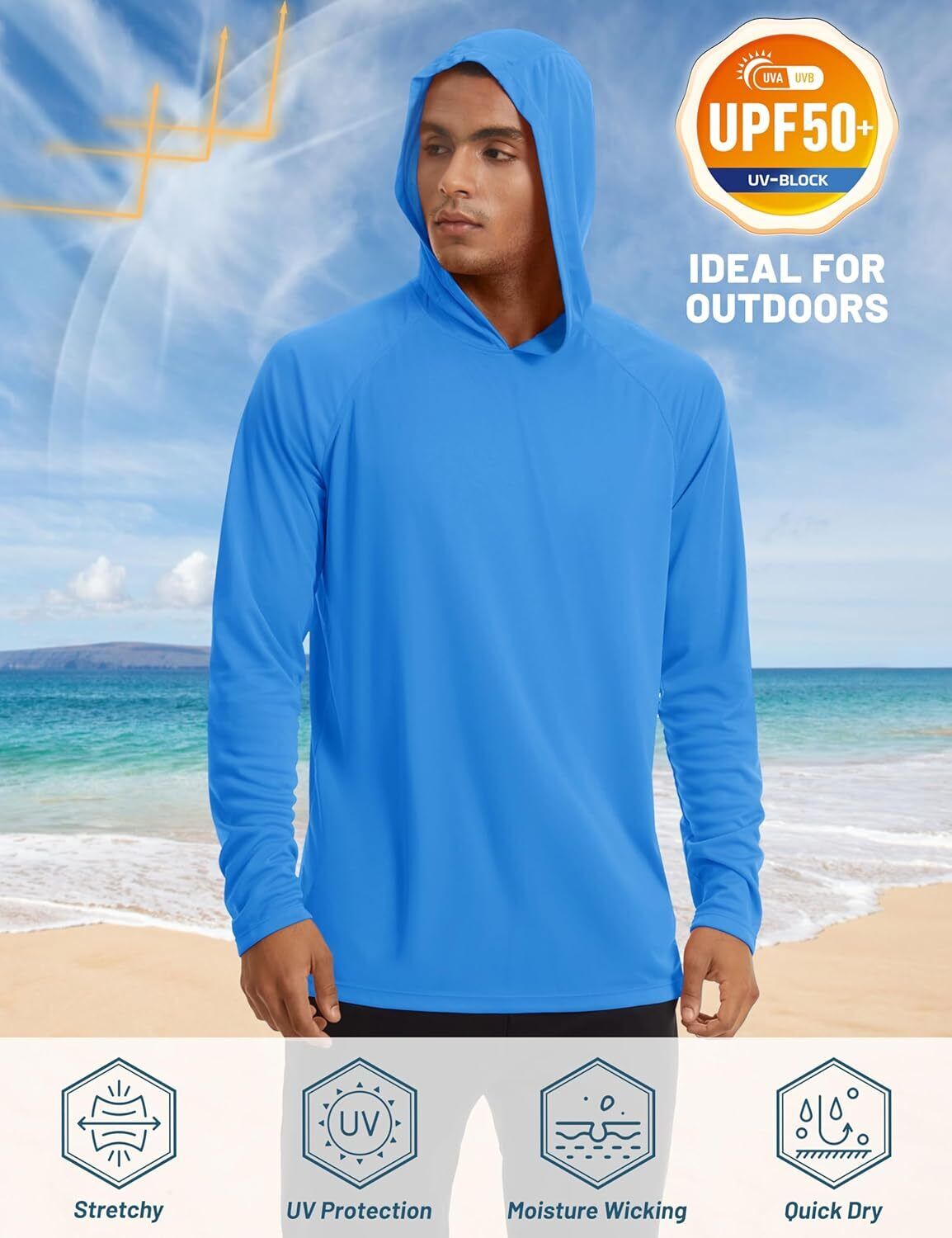 Men's UPF 50+ Sun Protection Hoodie – Long Sleeve Rash Guard for Fishing Hiking - Picture 73 of 186
