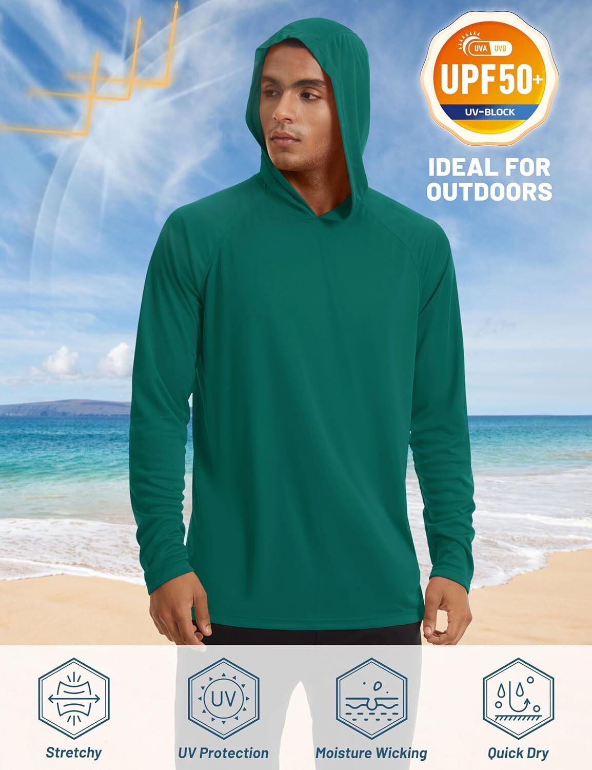 Men's UPF 50+ Sun Protection Hoodie – Long Sleeve Rash Guard for Fishing Hiking - Picture 88 of 186