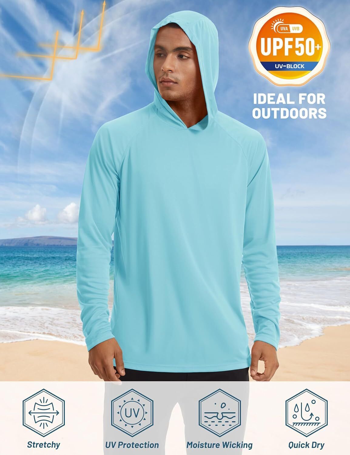 Men's UPF 50+ Sun Protection Hoodie – Long Sleeve Rash Guard for Fishing Hiking - Picture 95 of 186