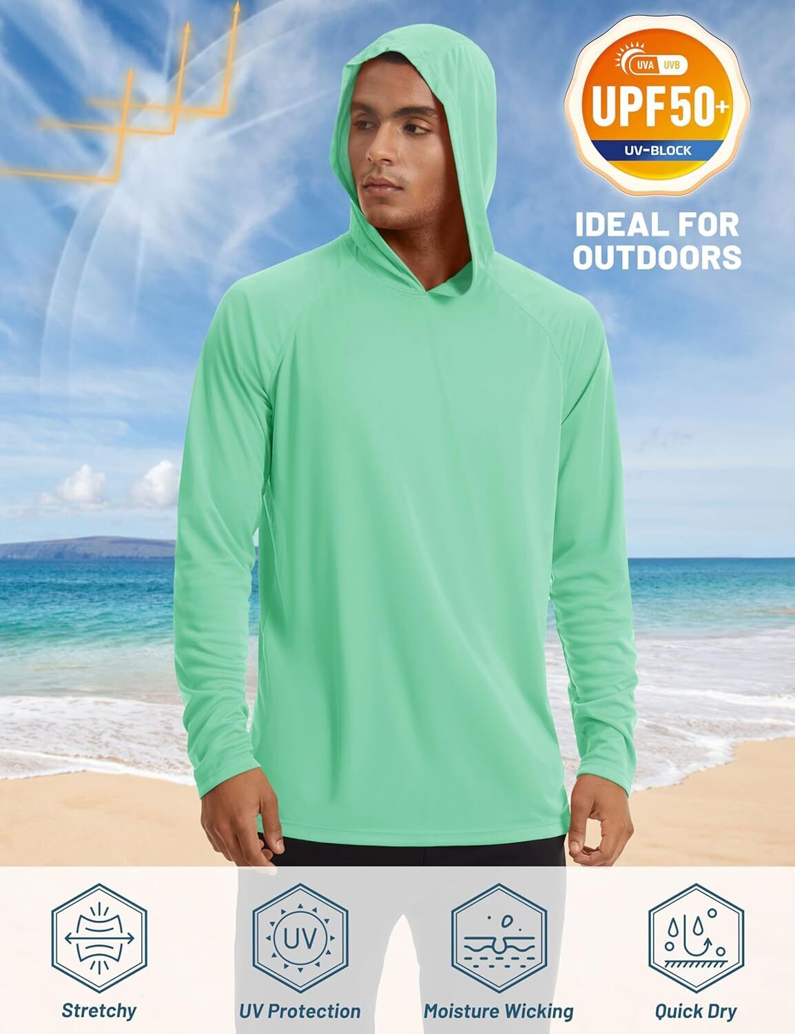 Men's UPF 50+ Sun Protection Hoodie – Long Sleeve Rash Guard for Fishing Hiking - Picture 119 of 186