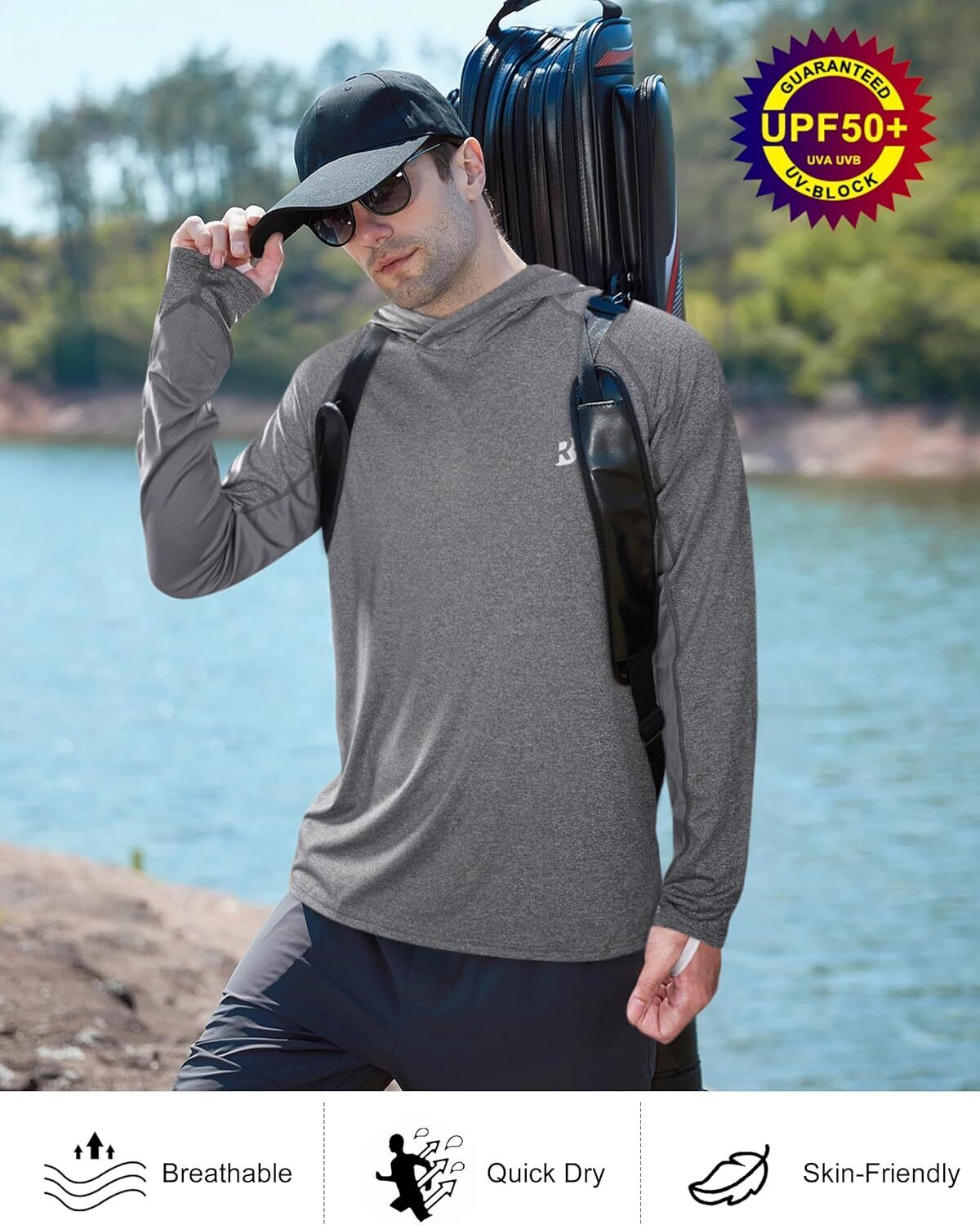Mens UPF 50+ Fishing Shirts UV Sun Hoodie Hiking Running Athletic Workout Shirt - Picture 75 of 81