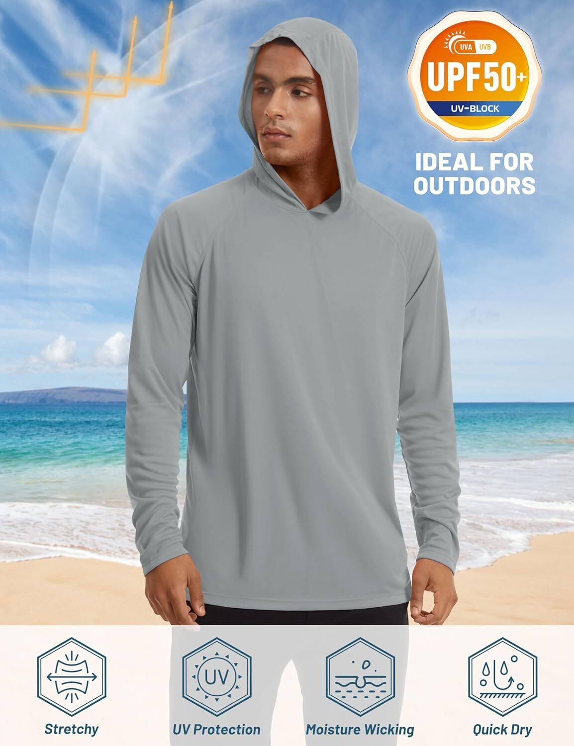 Men's UPF 50+ Sun Protection Hoodie – Long Sleeve Rash Guard for Fishing Hiking - Picture 126 of 186
