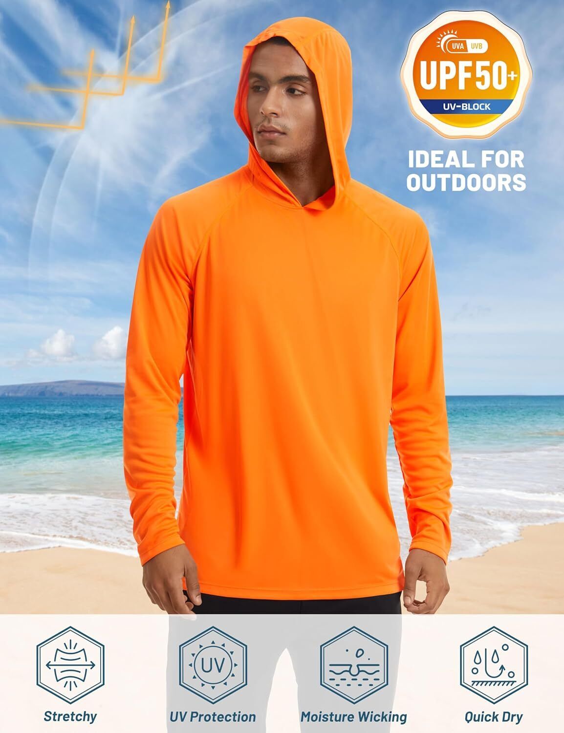 Men's UPF 50+ Sun Protection Hoodie – Long Sleeve Rash Guard for Fishing Hiking - Picture 141 of 186