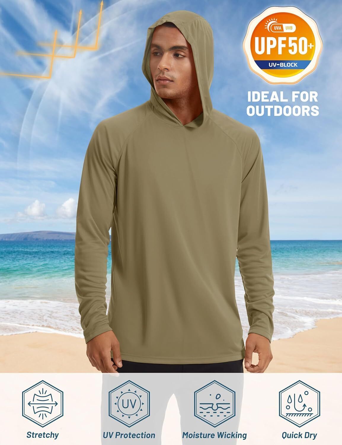 Men's UPF 50+ Sun Protection Hoodie – Long Sleeve Rash Guard for Fishing Hiking - Picture 149 of 186