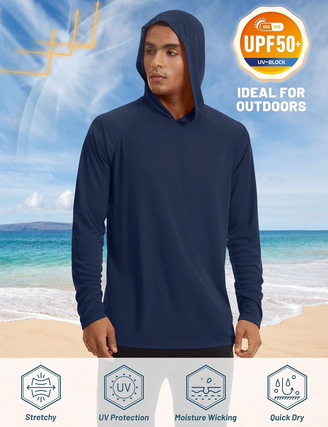 Men's UPF 50+ Sun Protection Hoodie – Long Sleeve Rash Guard for Fishing Hiking - Picture 165 of 186
