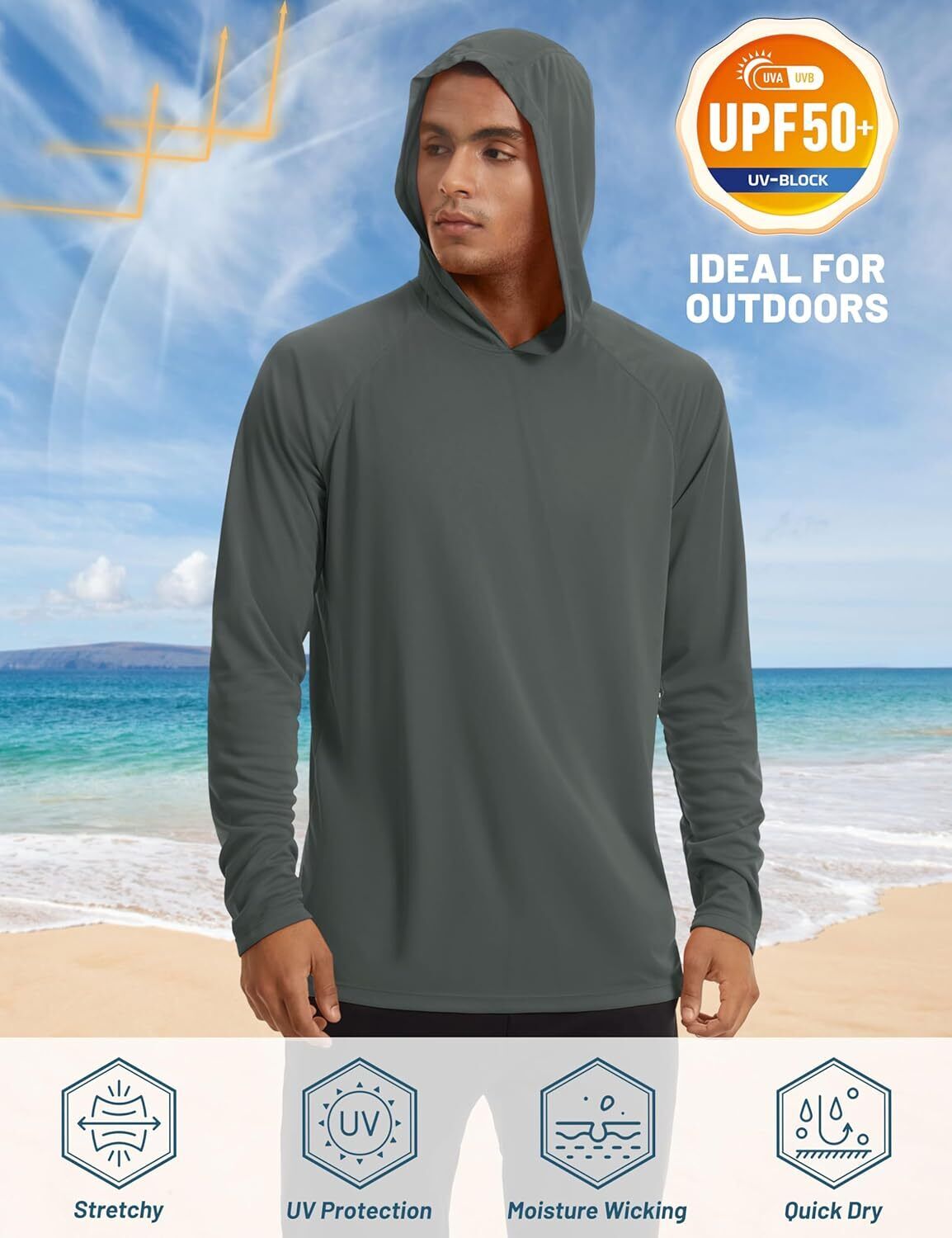 Men's UPF 50+ Sun Protection Hoodie – Long Sleeve Rash Guard for Fishing Hiking - Picture 173 of 186