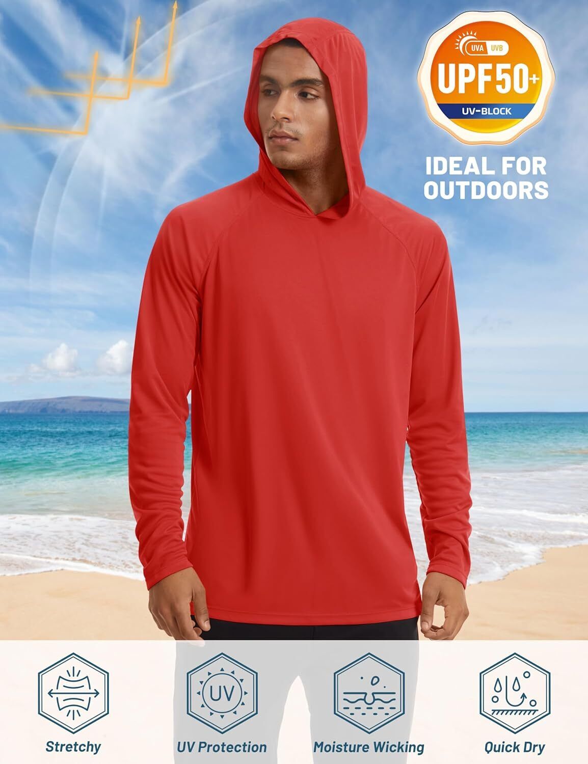 Men's UPF 50+ Sun Protection Hoodie – Long Sleeve Rash Guard for Fishing Hiking - Picture 180 of 186
