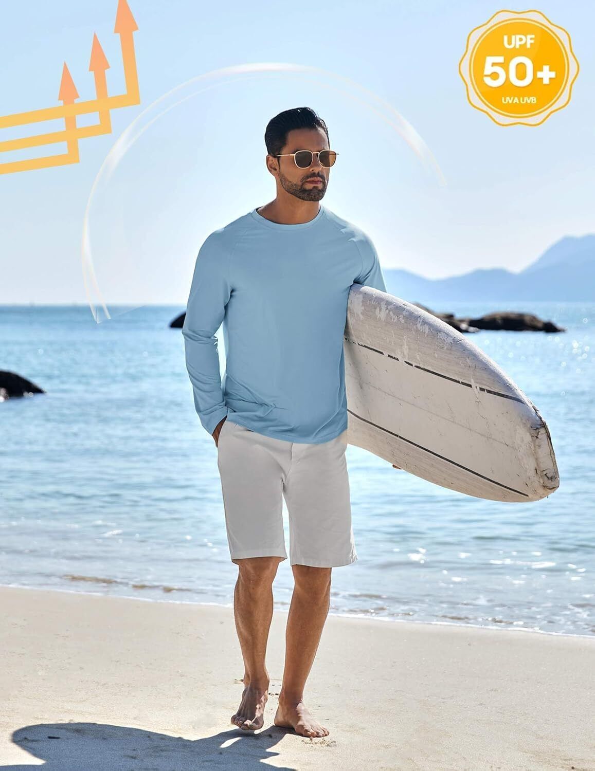 Men's UPF 50+ Sun Protection Hoodie – Long Sleeve Rash Guard Swim T-Shirt - Picture 18 of 76