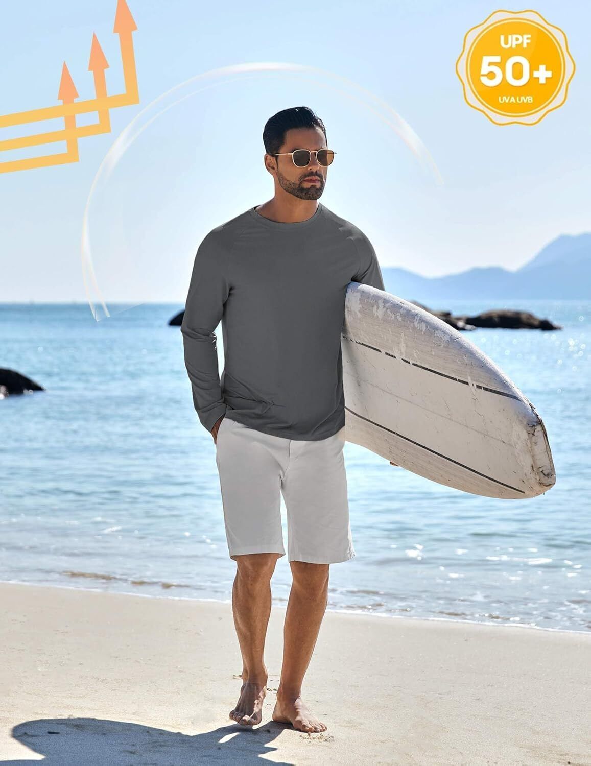 Men's UPF 50+ Sun Protection Hoodie – Long Sleeve Rash Guard Swim T-Shirt - Picture 53 of 76