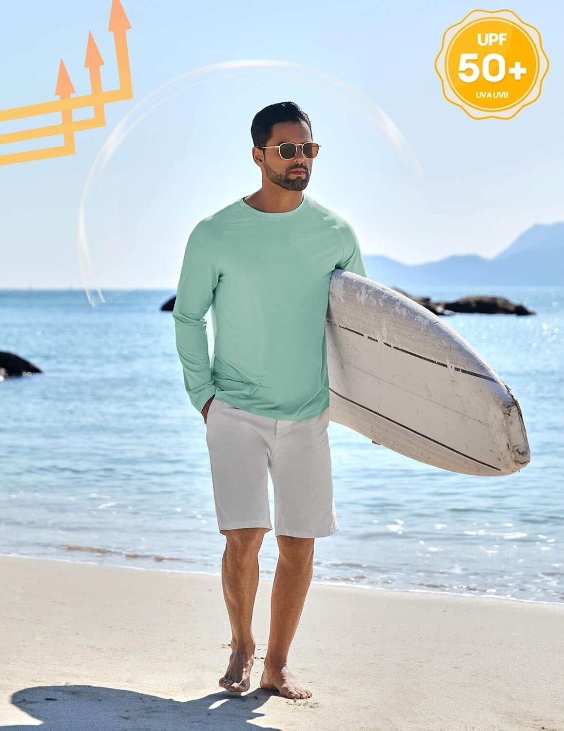 Men's UPF 50+ Sun Protection Hoodie – Long Sleeve Rash Guard Swim T-Shirt - Picture 63 of 76