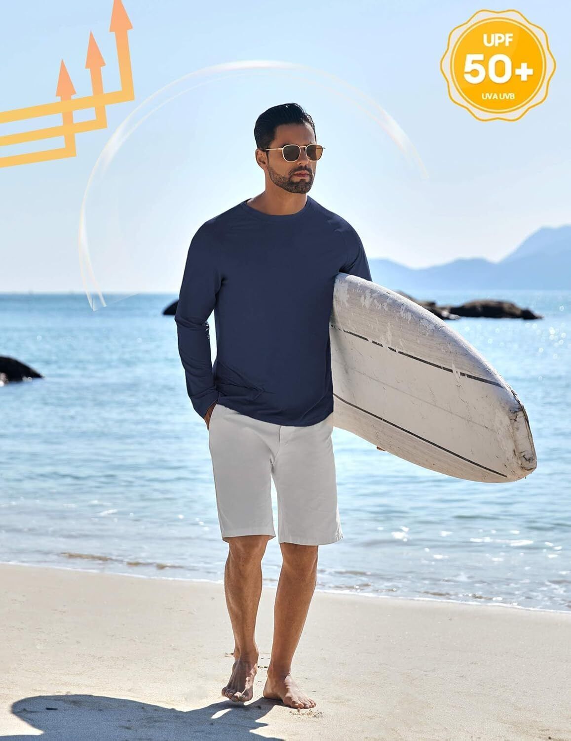 Men's UPF 50+ Sun Protection Hoodie – Long Sleeve Rash Guard Swim T-Shirt - Picture 68 of 76