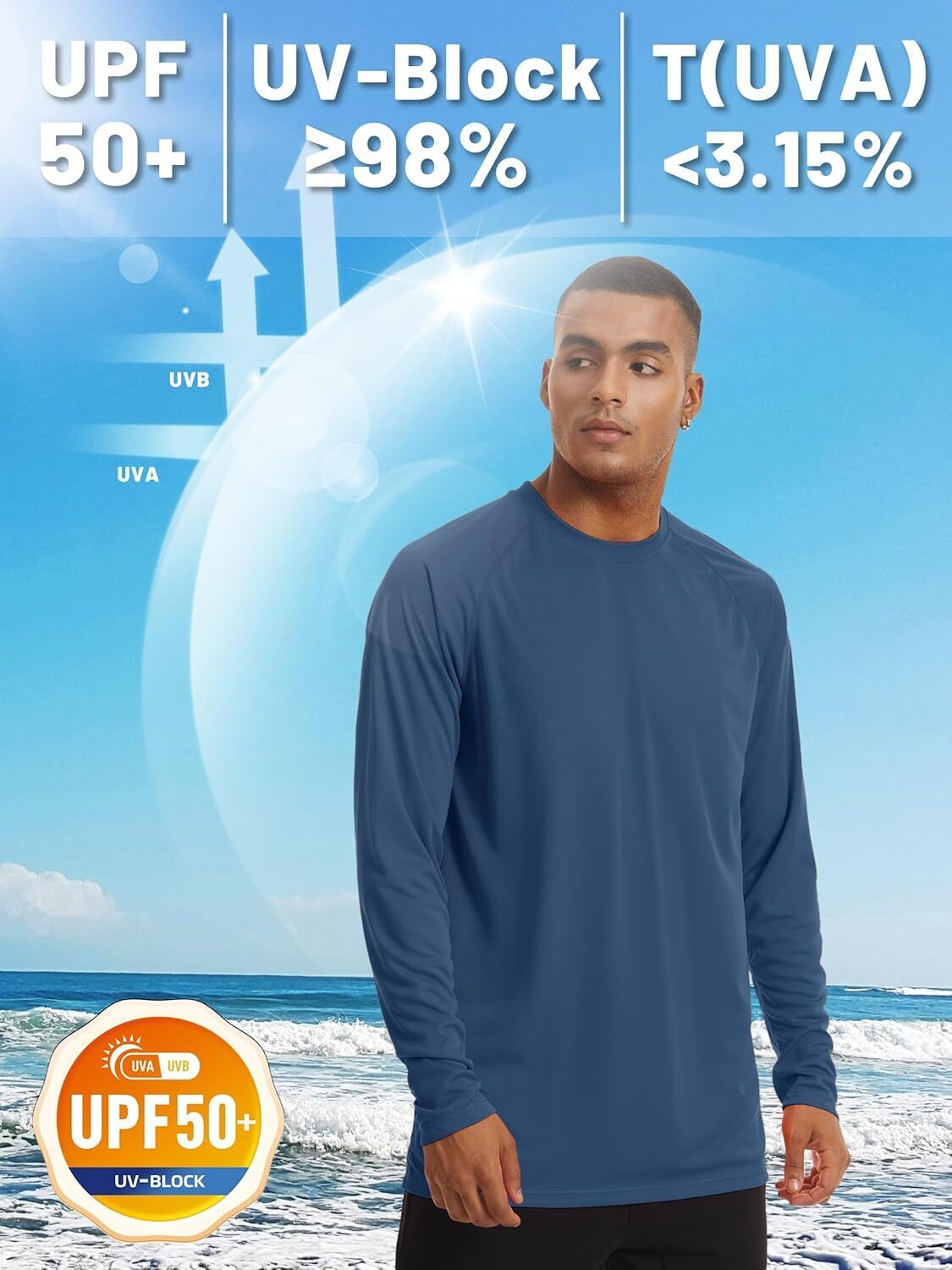 Mens Sun Shirt UPF 50+ UV Protection Lightweight Rash Guard Swim Shirt Quick Dry - Picture 159 of 199