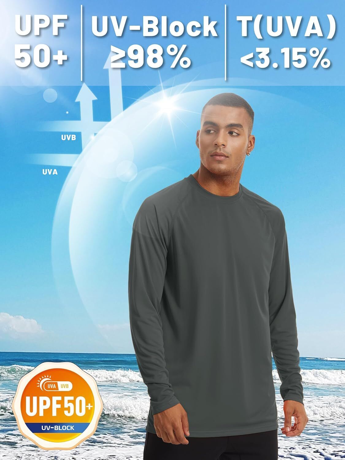 Mens Sun Shirt UPF 50+ UV Protection Lightweight Rash Guard Swim Shirt Quick Dry - Picture 187 of 199