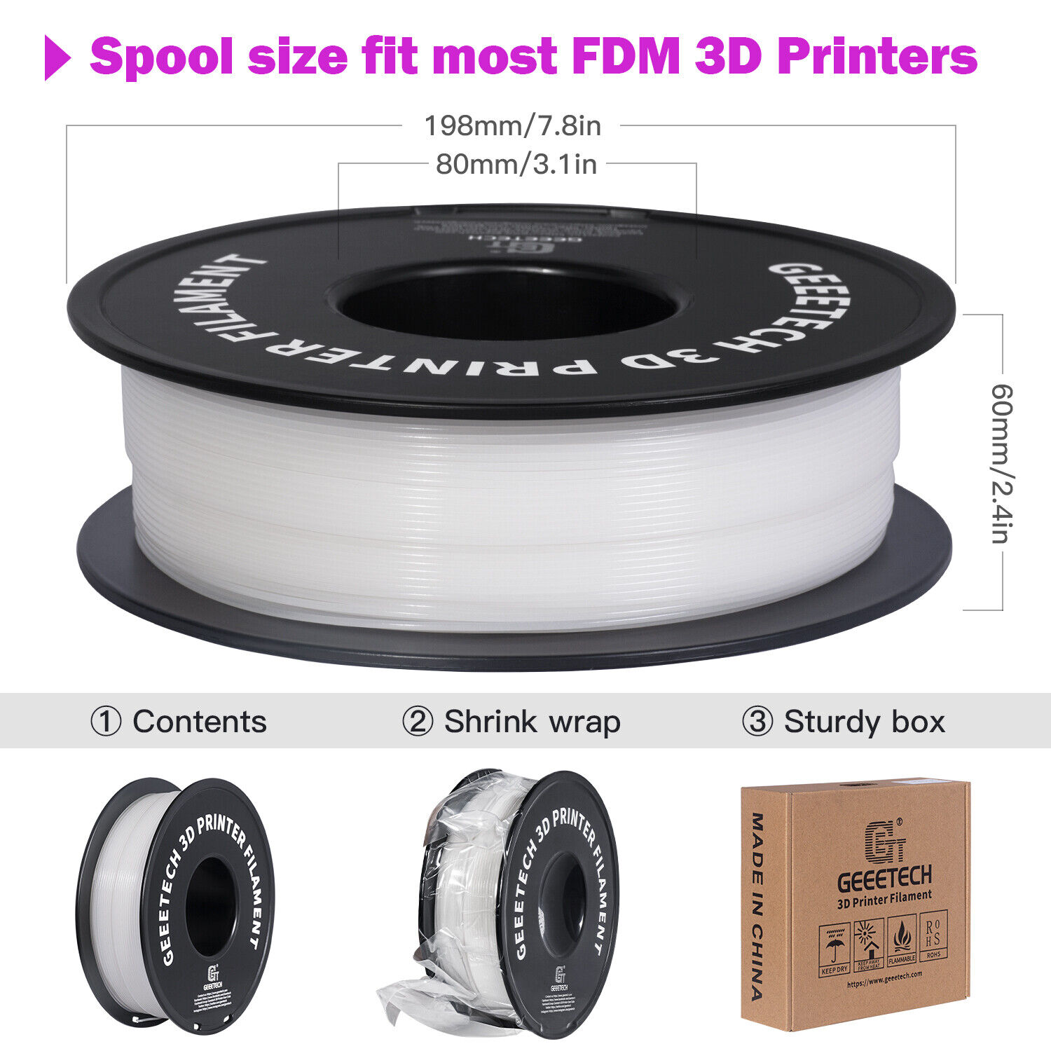 NEW GEEETECH 3D Printer Filament 1.75MM 1KG PLA/TPU/ABS+/PETG/Silk/Matte/HS-PLA - Afbeelding 86 van 298