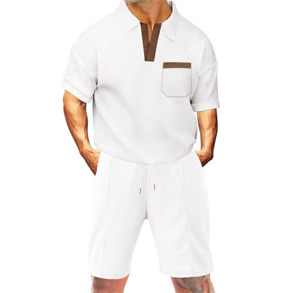 Men Summer Outfit 2-Piece Set Short Sleeve Sports Shirt and Shorts Sweatsuit Set - Imagen 14 de 18