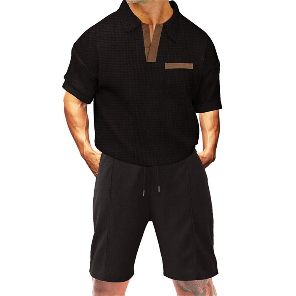 Men Summer Outfit 2-Piece Set Short Sleeve Sports Shirt and Shorts Sweatsuit Set - Imagen 15 de 18