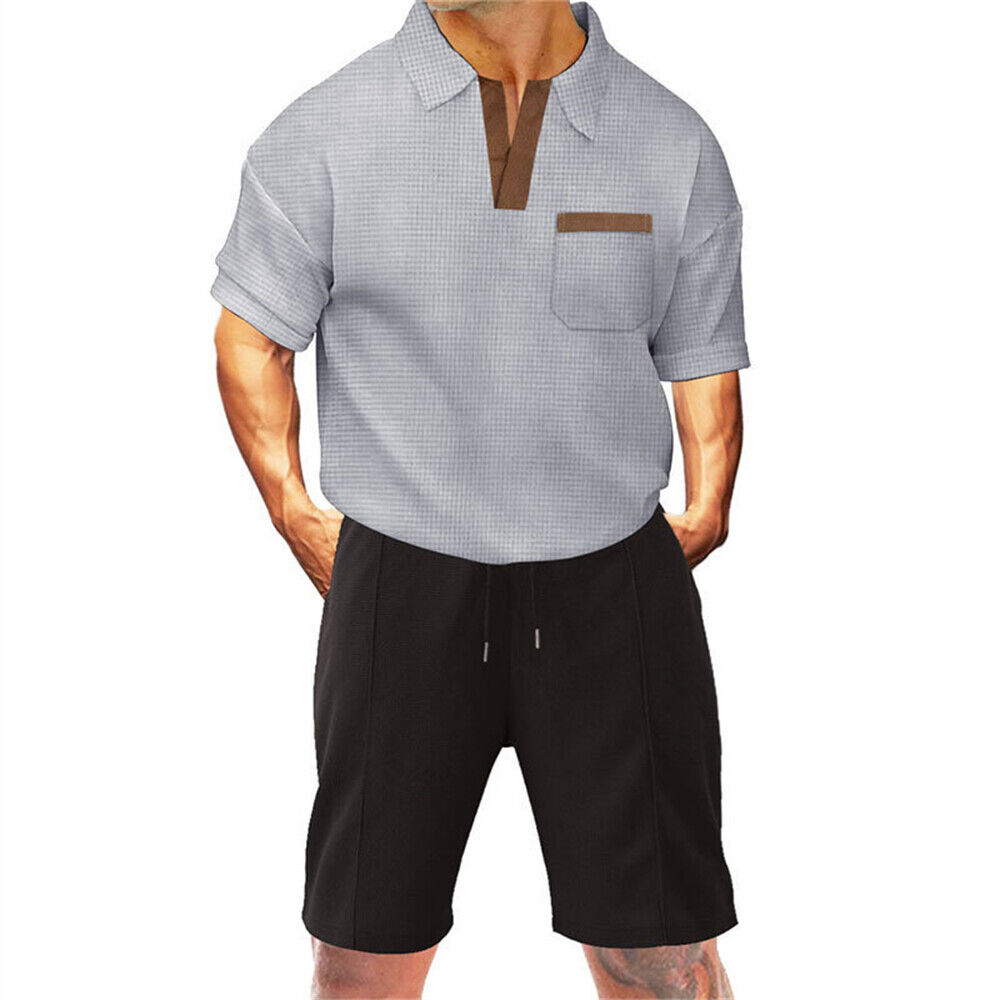 Men Summer Outfit 2-Piece Set Short Sleeve Sports Shirt and Shorts Sweatsuit Set - Imagen 17 de 18