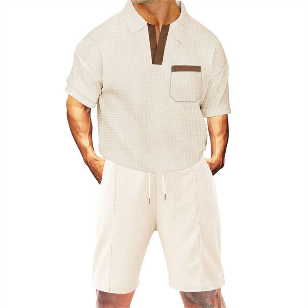 Men Summer Outfit 2-Piece Set Short Sleeve Sports Shirt and Shorts Sweatsuit Set - Imagen 18 de 18