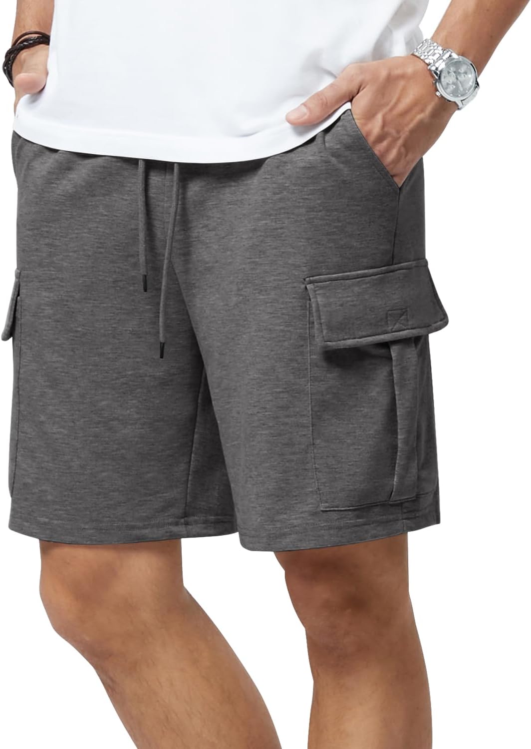 Mens Casual Sweat Cargo Cotton Shorts Drawstring Elastic Waist Athletic Workout - Picture 33 of 57