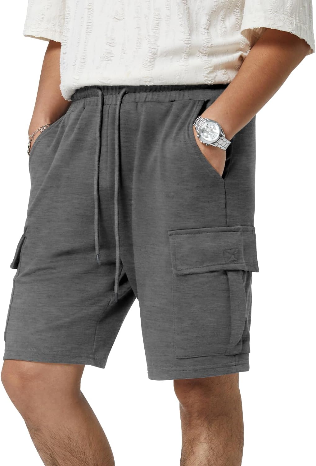Mens Casual Sweat Cargo Cotton Shorts Drawstring Elastic Waist Athletic Workout - Picture 32 of 57
